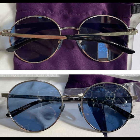 GUCCI “GG” INTERLOCKING LOGO IMPRINTED ON BLUE / SILVER MIRROR ROUND SUNGLASSES - Picture 5 of 16